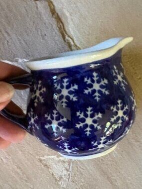 Polish Handmade Stoneware Snowflake Pattern Blue Creamer Made in Poland